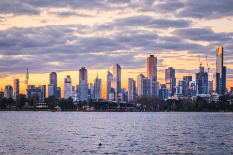 Melbourne's city skyline from the water.