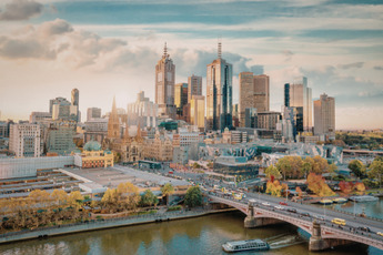 A wide, high shot of Melbourne.