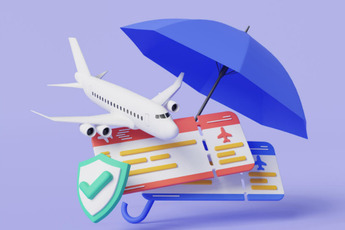 A graphic of a plane, along with ticket, boarding pass and insurance.