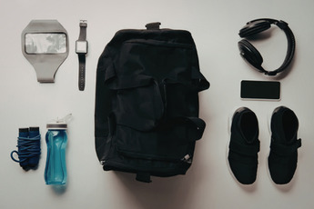 An everyday-carry travel essentials spread.